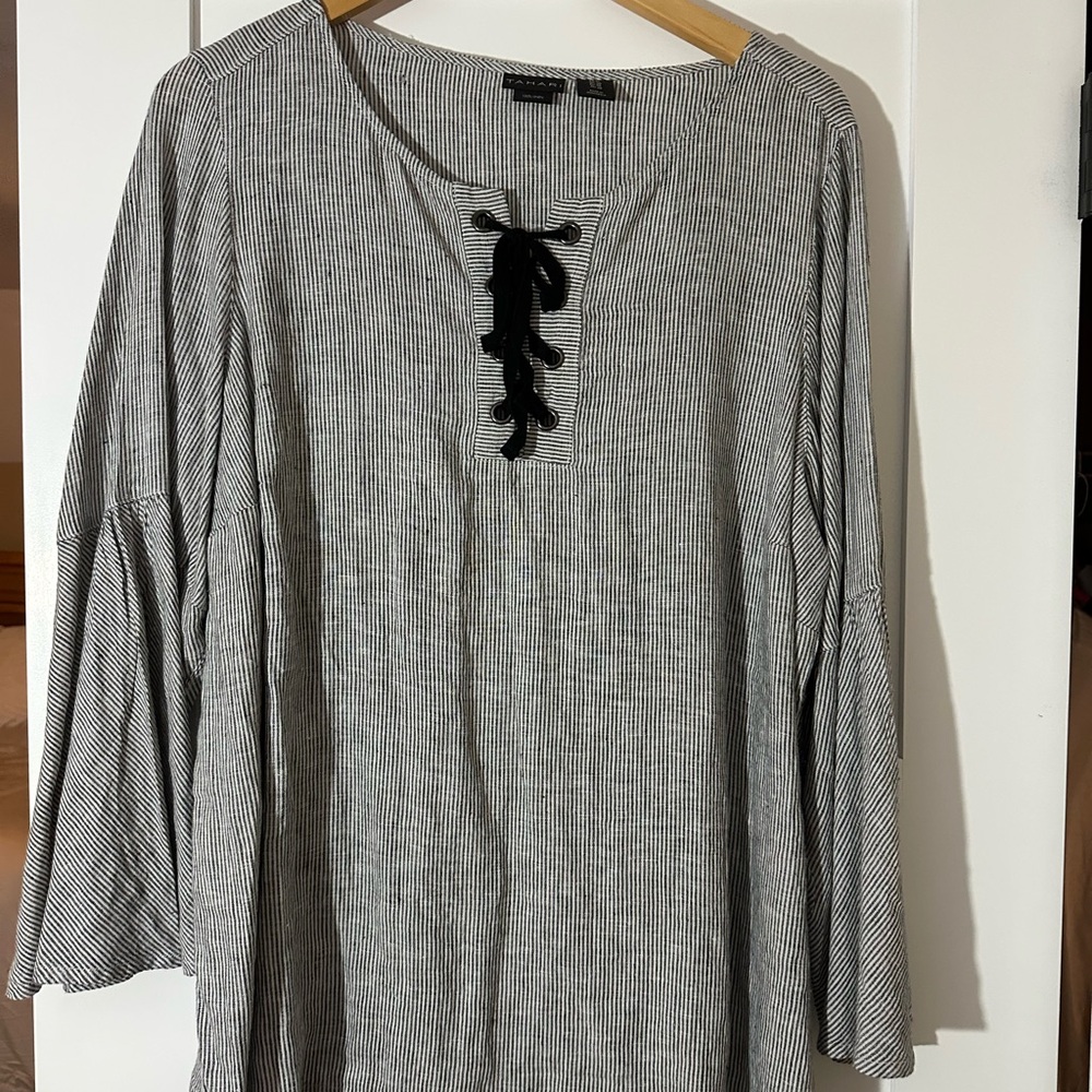 Tahari 100% Linen Striped Lace Up Bell Sleeve Tunic Top Black White Womens 1X